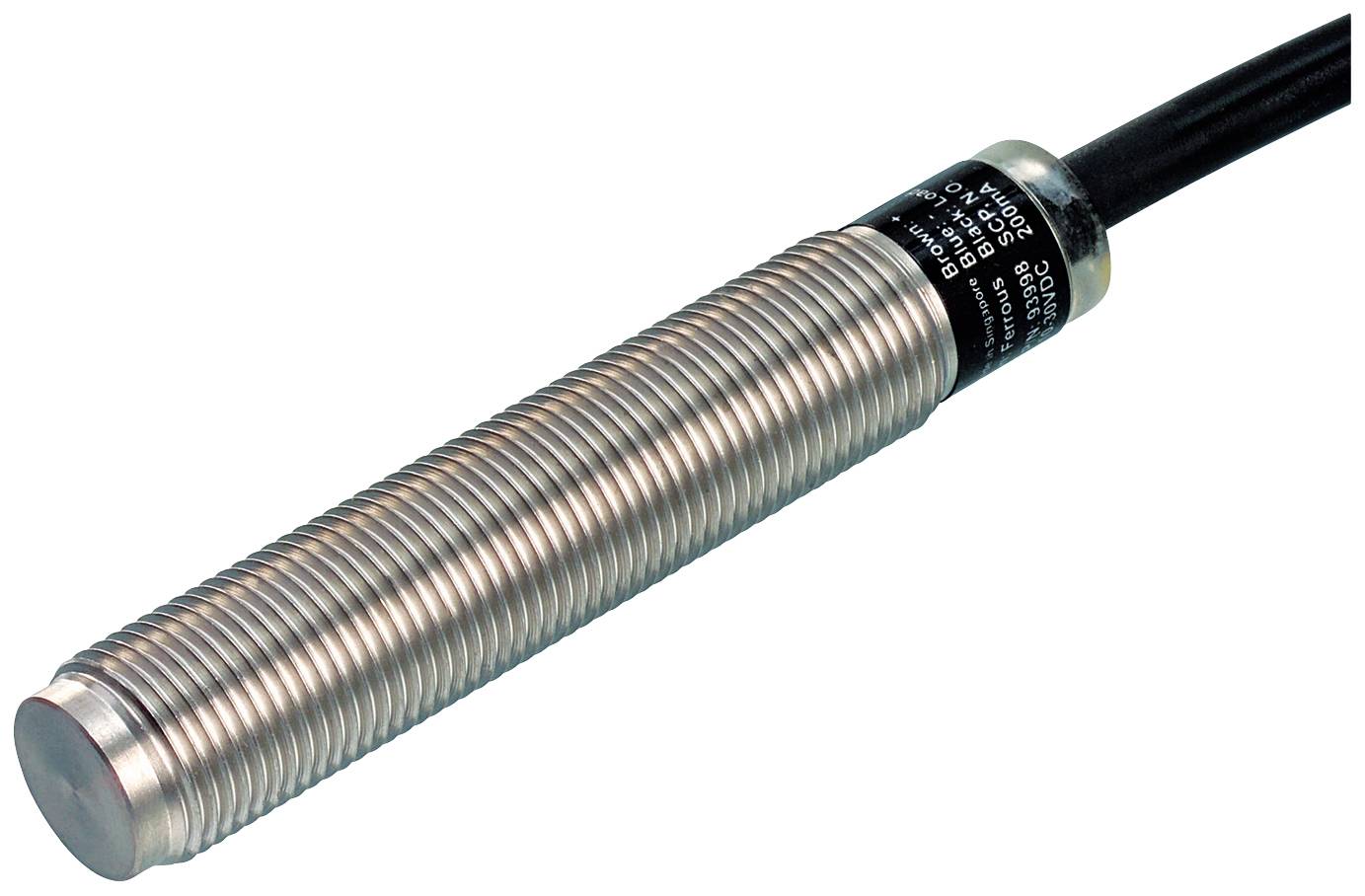 Zylindrischer Induktiver Sensor mit Metallgewinde und schwarzem Kabel, geeignet für Bewegungserkennung in Maschinen und Automatisierung.