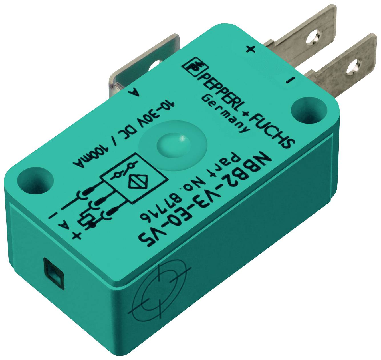Ein Pepperl+Fuchs Sensor, Modell NBB2-V3-E0-VS, 10-30V DC, 100mA, ausgerichtet mit elektrischen Anschlüssen und Herstellerlogo.