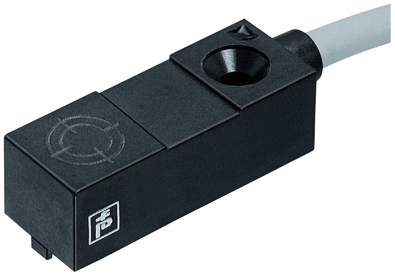 Ein schwarzer Näherungssensor mit Kabel, rechteckige Form und Firmenlogo, geeignet für industrielle Anwendungen.