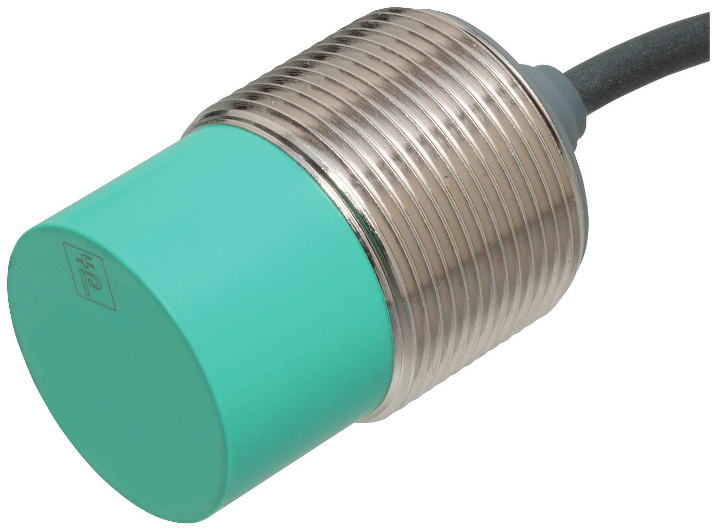 Ein zylindrischer, induktiver Sensor in Metallgehäuse mit grünem Kunststoffende und schwarzem Kabelanschluss.