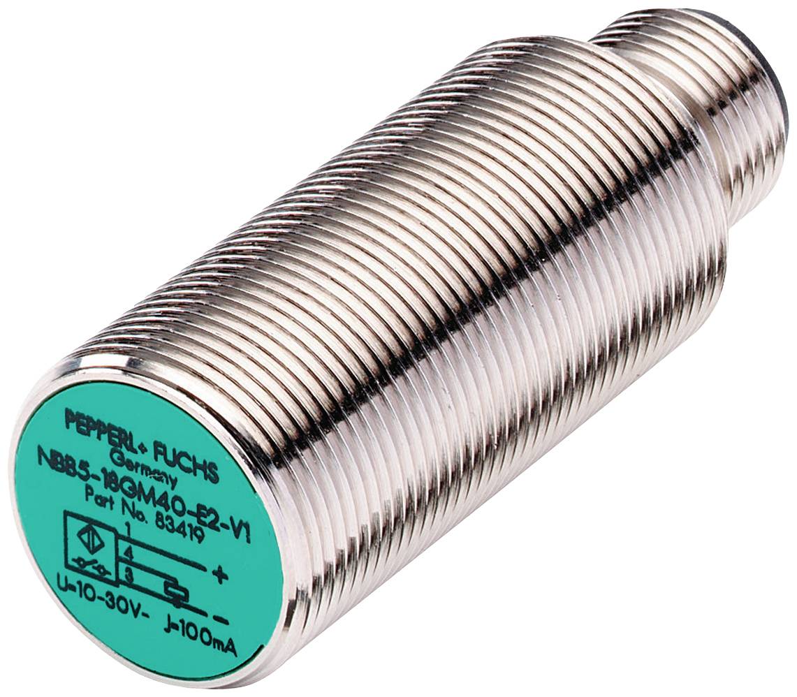 Zylindrischer induktiver Sensor von Pepperl+Fuchs, Modell NBB5-18GM40-E2-V1, geeignet für Spannungen 10-30V und Ströme bis 100mA.