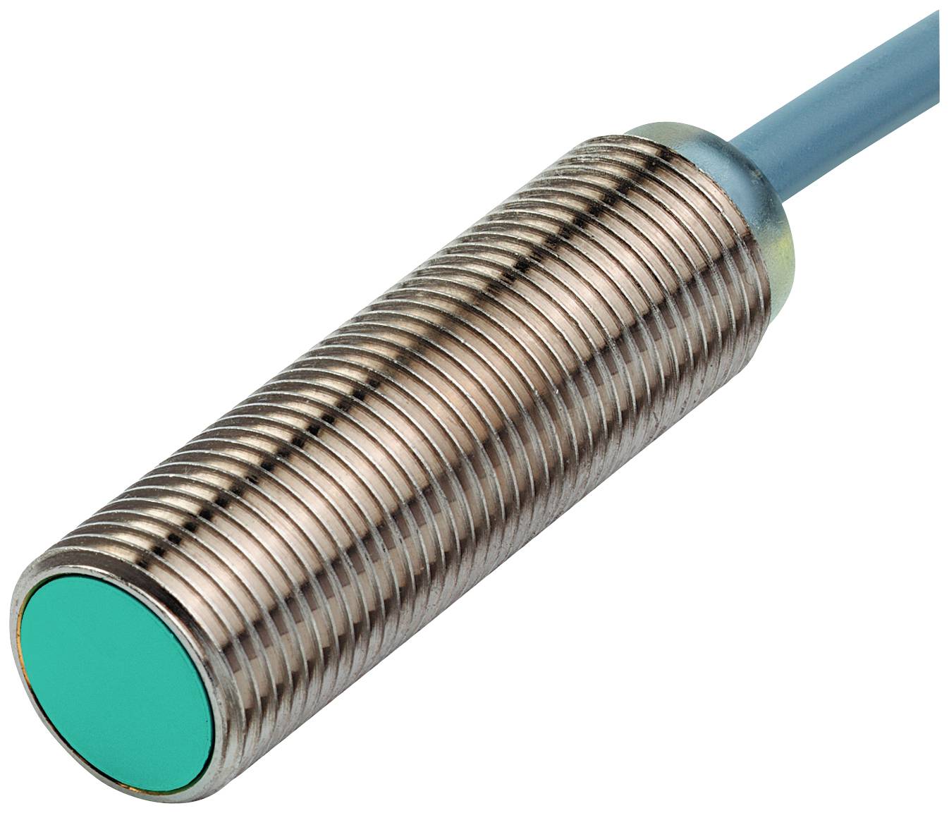 Zylinderförmiger Sensor mit gerippter Metalloberfläche und blauer Kabelanschluss, häufig in industriellen Anwendungen genutzt.