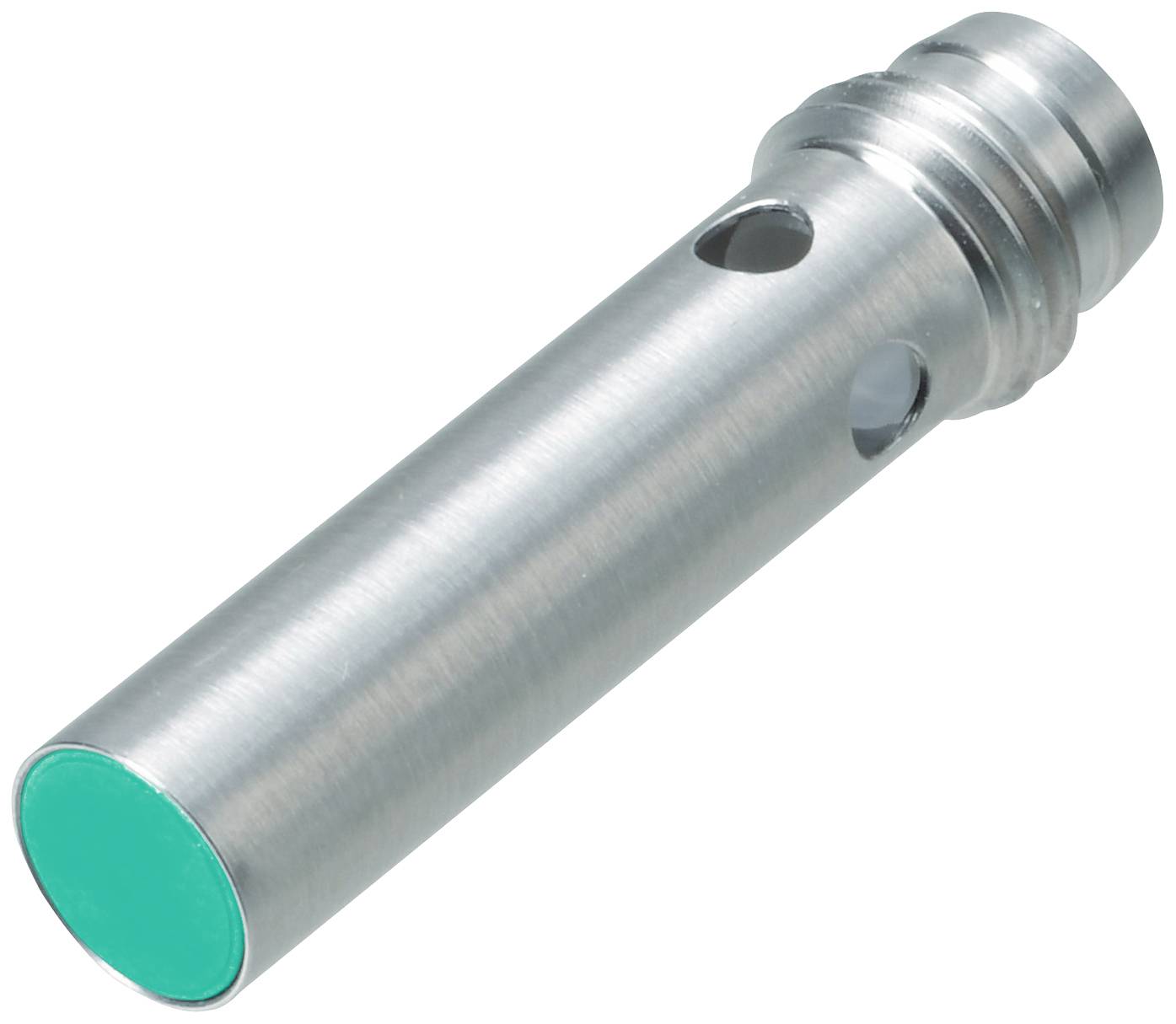 Ein zylindrisches Metallteil mit einem grünen Ende und seitlichen Löchern, möglicherweise ein technisches Bauteil.