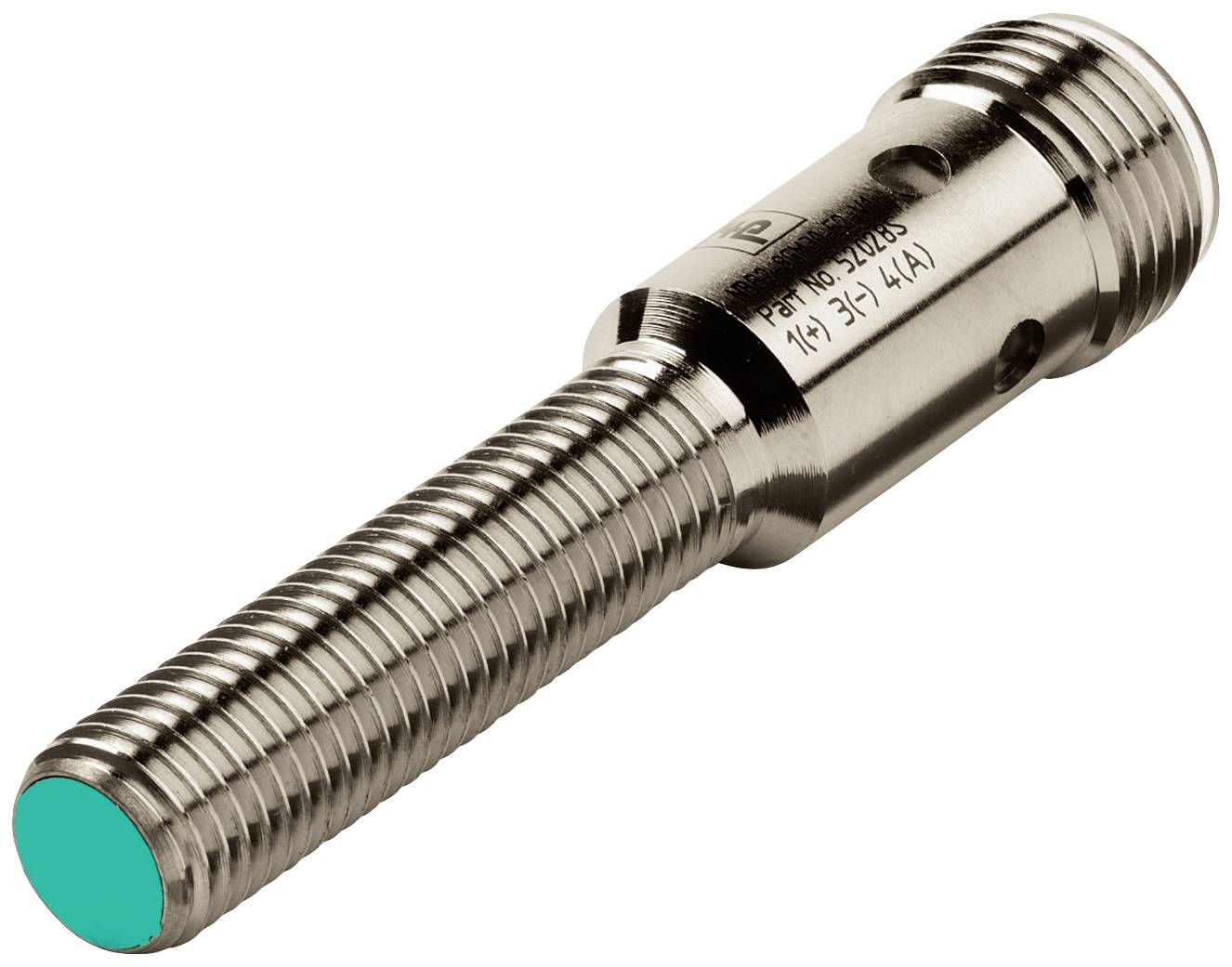 Ein metallischer Sensor mit Gewinde und zylindrischer Form. Der vordere Teil ist blau markiert. Geeignet für industrielle Anwendungen.
