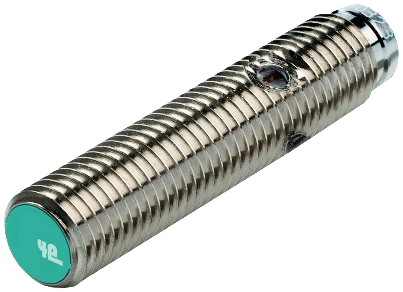 Ein zylindrischer, geriffelter Metallgegenstand mit einer grünen Kappe, markiert mit '4e', möglicherweise ein Sensor oder ein Verbindungselement.