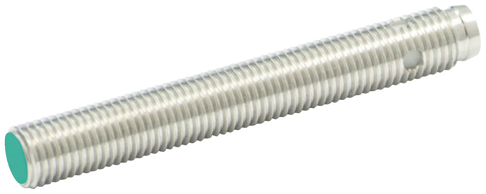 Zylindrischer Metallsensor mit geriffelter Oberfläche, silberfarben.