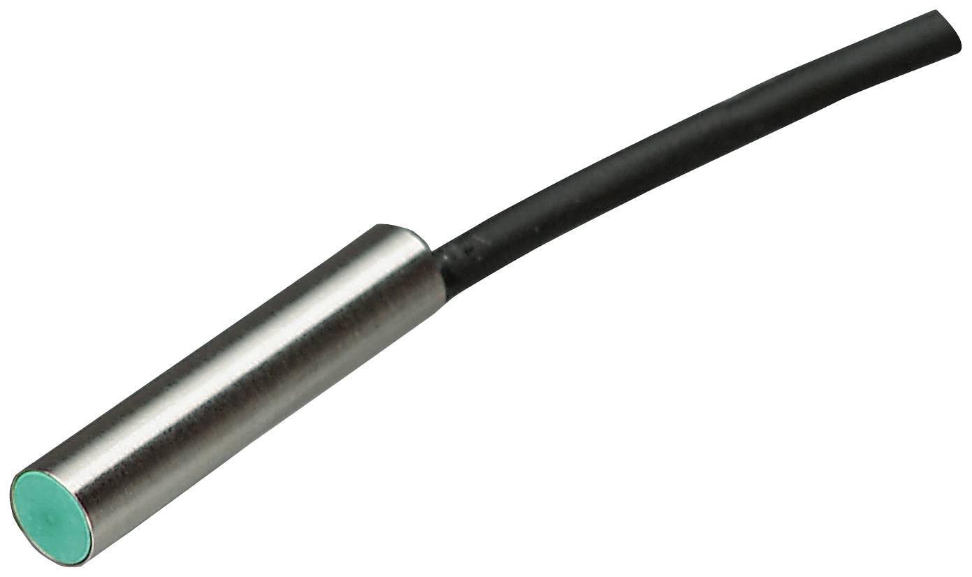 Ein zylindrischer Näherungssensor mit metallischem Gehäuse und schwarzem Kabel, verwendet für die Erkennung von Objekten in der Nähe.