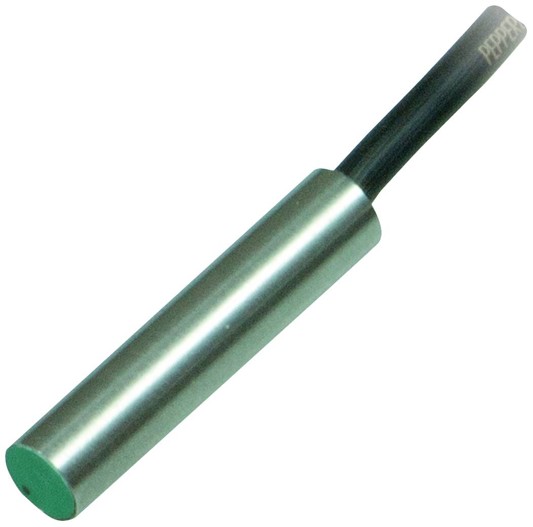 Ein zylindrischer Sensor mit einem langen, schwarzen Kabel am Ende. Der Sensor hat eine graue Metallhülle mit einer grünen Spitze.