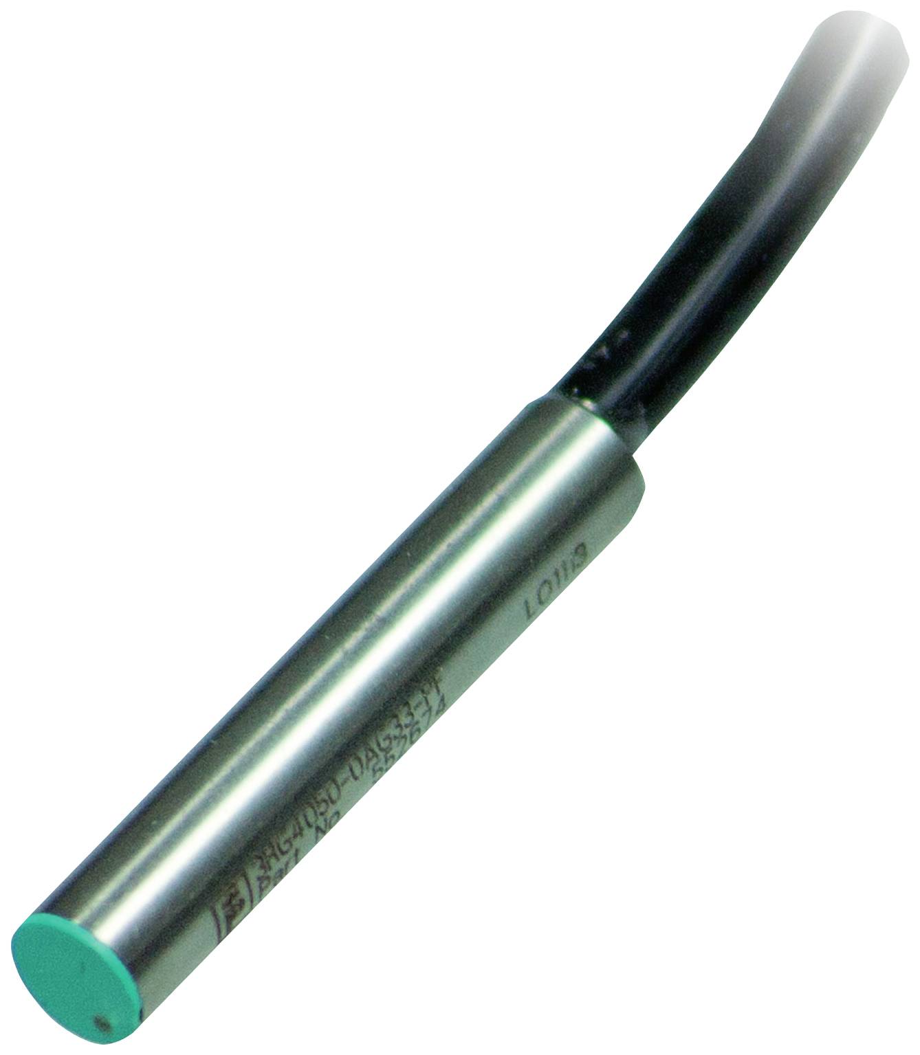 Zylindrischer Sensor mit grüner Spitze und schwarzem Kabel, ähnlich einem Näherungssensor.