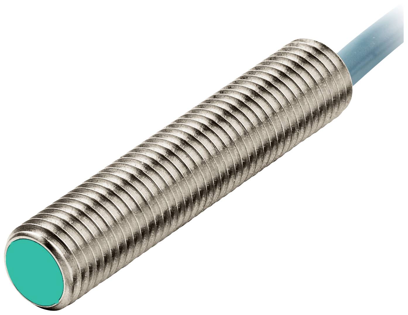 Ein zylindrischer, geriffelter Metallzylinder mit grünem Ende, an dem ein blaues Kabel angeschlossen ist.