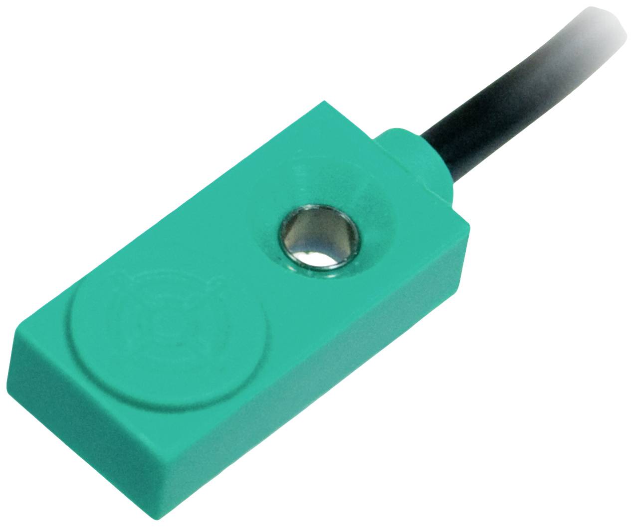 Rechteckiger, grüner Näherungssensor mit blauem Kabelanschluss. Der Sensor hat eine metallische Erkennungseinheit in der Mitte.