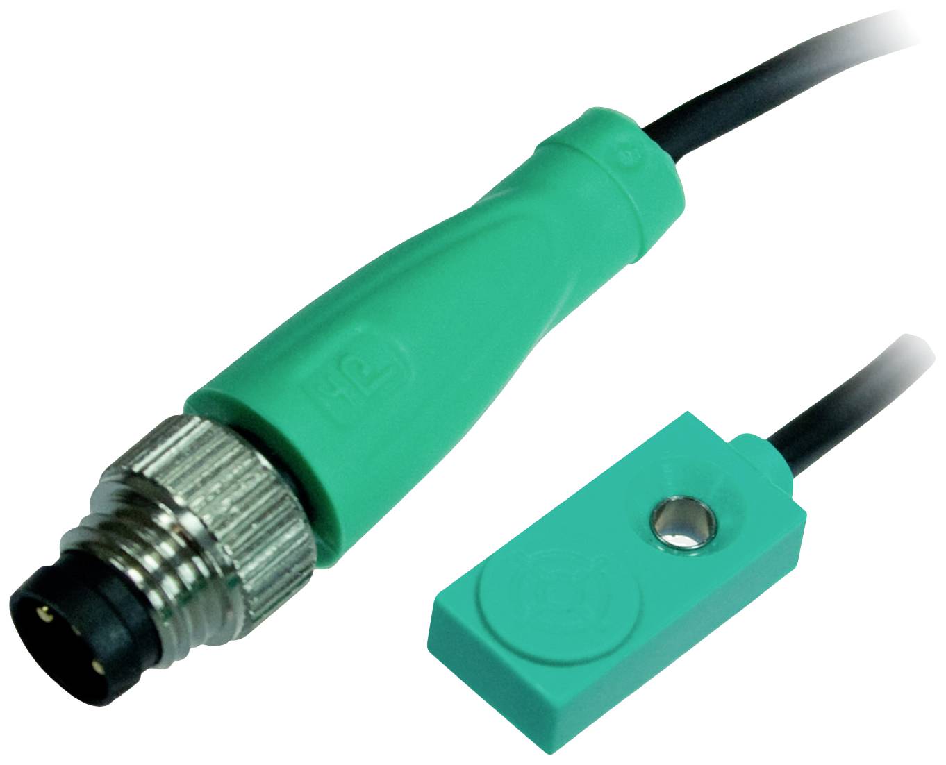 Ein grüner Steckverbinder mit Kabel, neben einem rechteckigen, grün ummantelten Sensor mit Befestigungsloch, auf weißem Hintergrund.