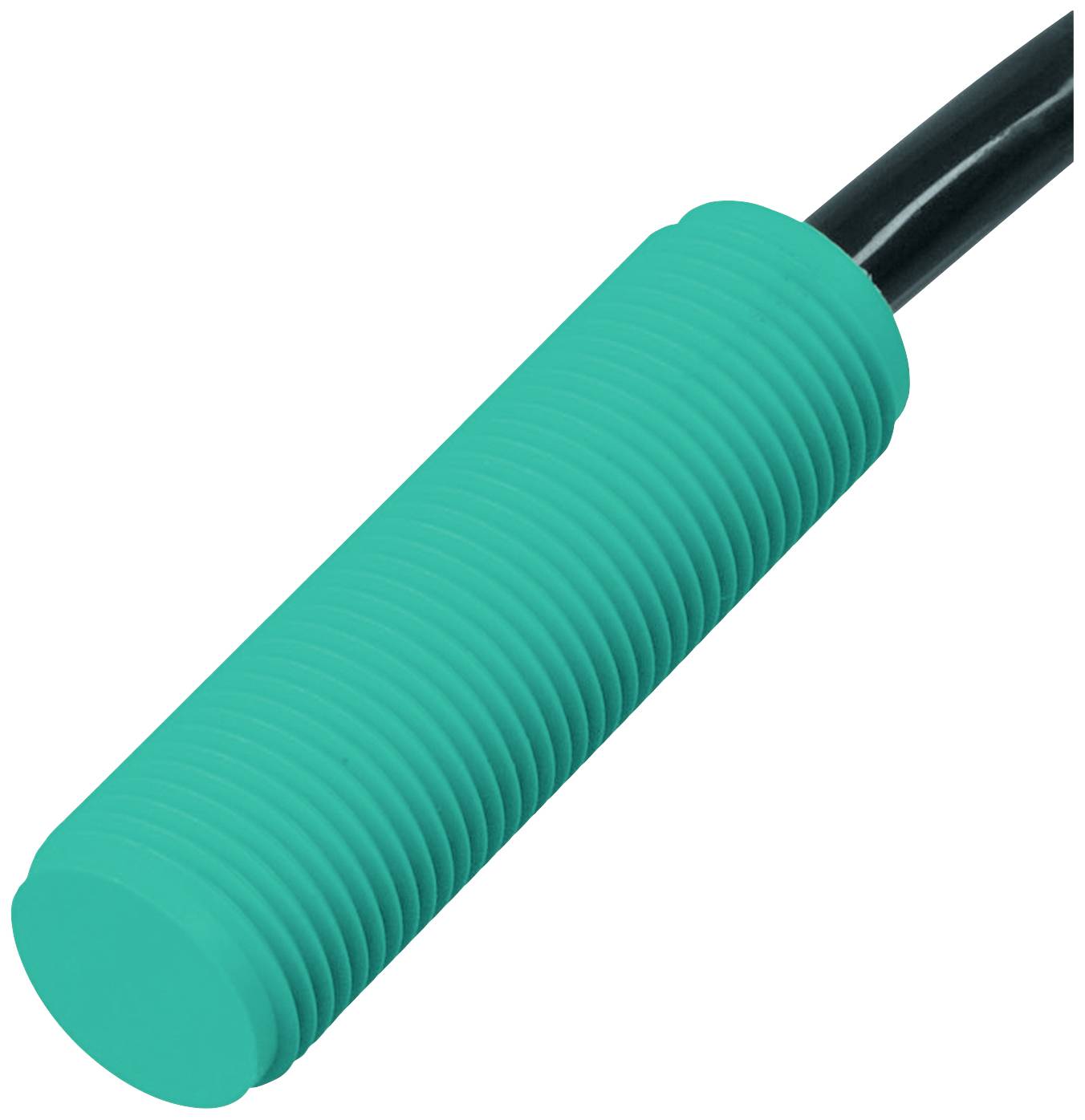 Sensor in Zylinderform mit gerippter, grüner Oberfläche und angeschlossenem Kabel.