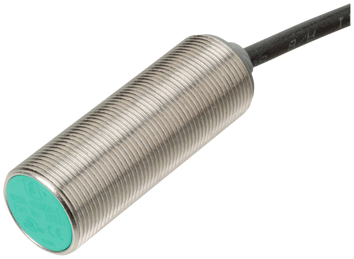 Zylindrischer Näherungssensor mit geripptem Metallgehäuse und grünem Kunststoffkopf, angeschlossen über ein schwarzes Kabel.