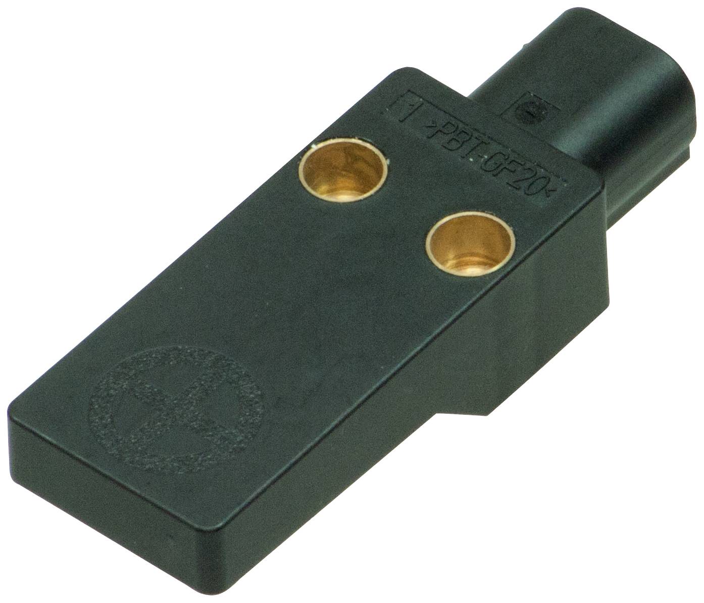 Ein schwarzer Sensorstecker mit zwei goldfarbenen Anschlusslöchern und einem Kunststoffgehäuse, verwendet für elektrische Verbindungen.