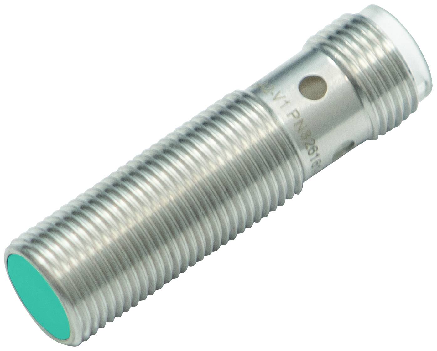 Ein zylindrischer, geriffelter Metallzylinder mit einer türkisfarbenen Kappe und seitlichen Löchern. Möglicherweise ein Sensor.