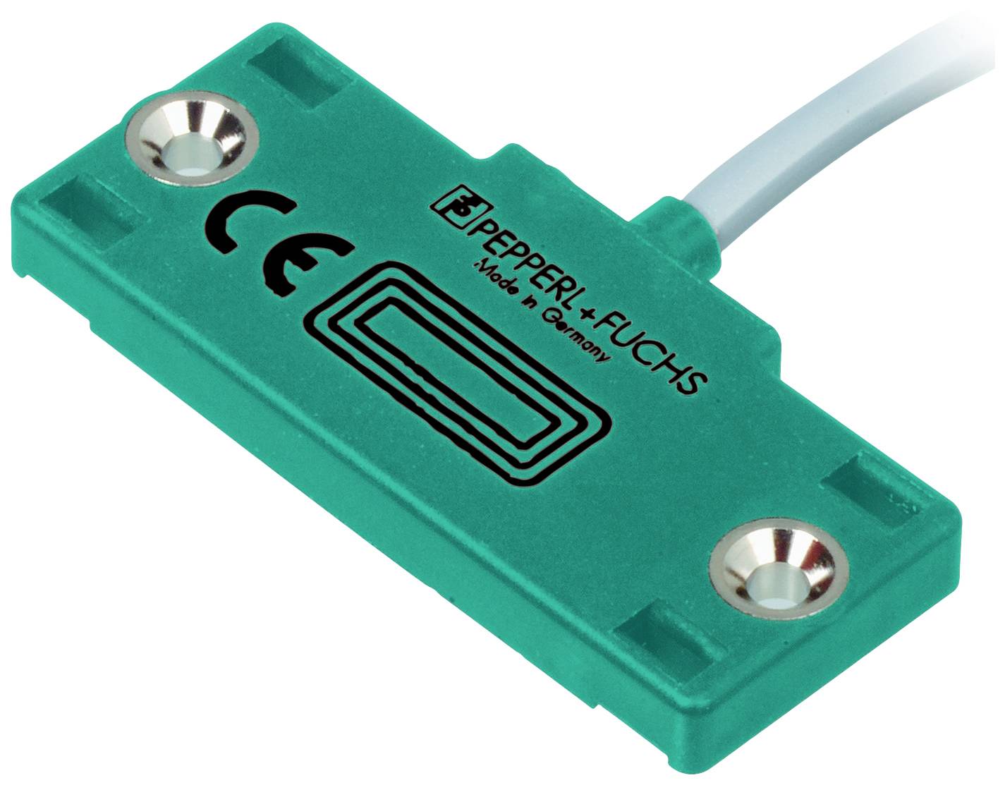 Ein rechteckiger Sensor von Pepperl+Fuchs in Grün mit CE-Zeichen. Zwei Befestigungslöcher und ein Kabelanschluss sind sichtbar.
