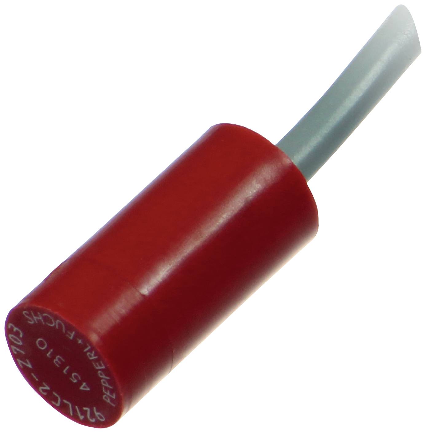 Roter zylindrischer Kondensator mit einem angeschlossenen blauen Draht, auf weißem Hintergrund.