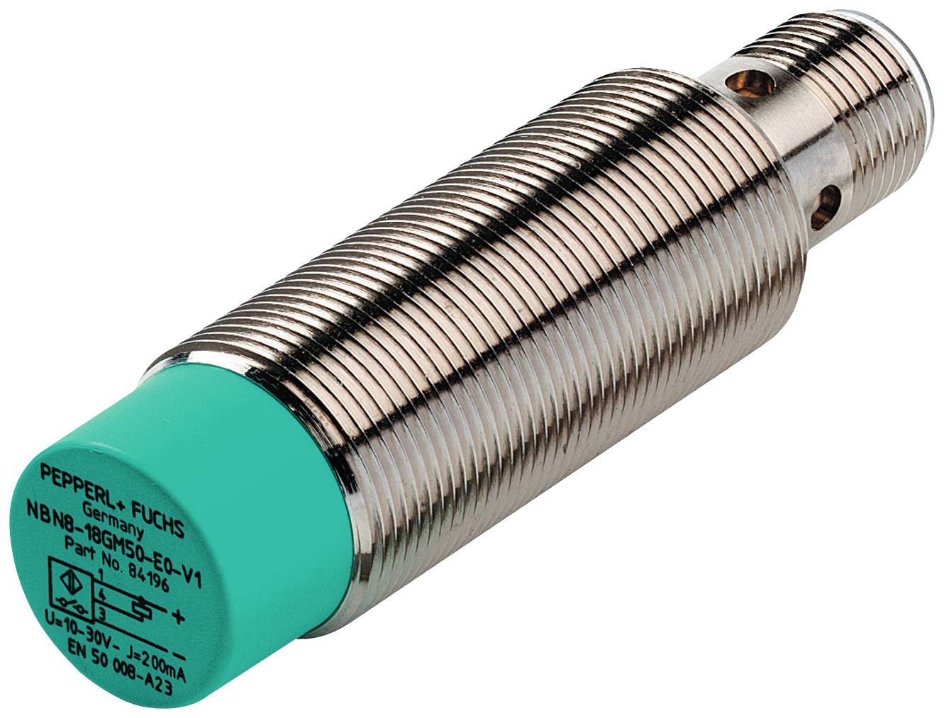 Ein zylindrischer Sensor von Pepperl+Fuchs, Modell 'NJ8-18GM50-E2-V1', zur Verwendung in industriellen Anwendungen.