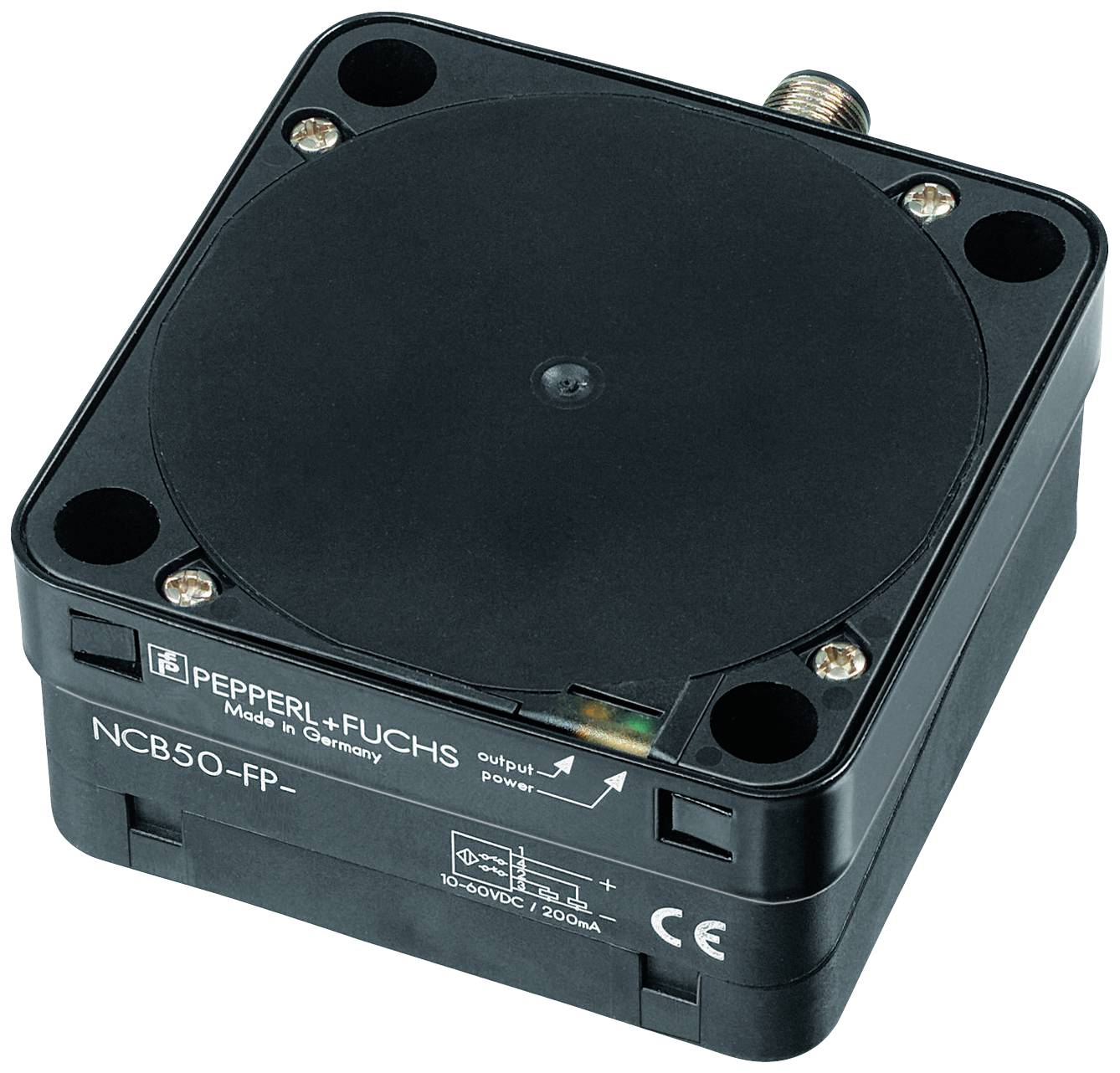 Quadratischer, schwarzer Sensor von Pepperl+Fuchs mit Anschluss oben. Aufschrift: 'NCB50-FP-', mit Symbolen für elektrische Anschlüsse.