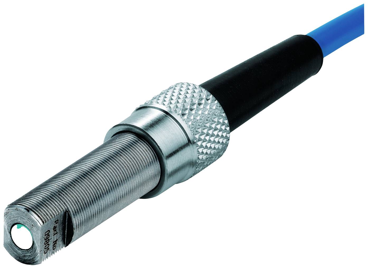 Ein zylindrischer Näherungssensor aus Metall mit einem blauen Kabel. Der Sensor wird häufig in industriellen Anwendungen eingesetzt.