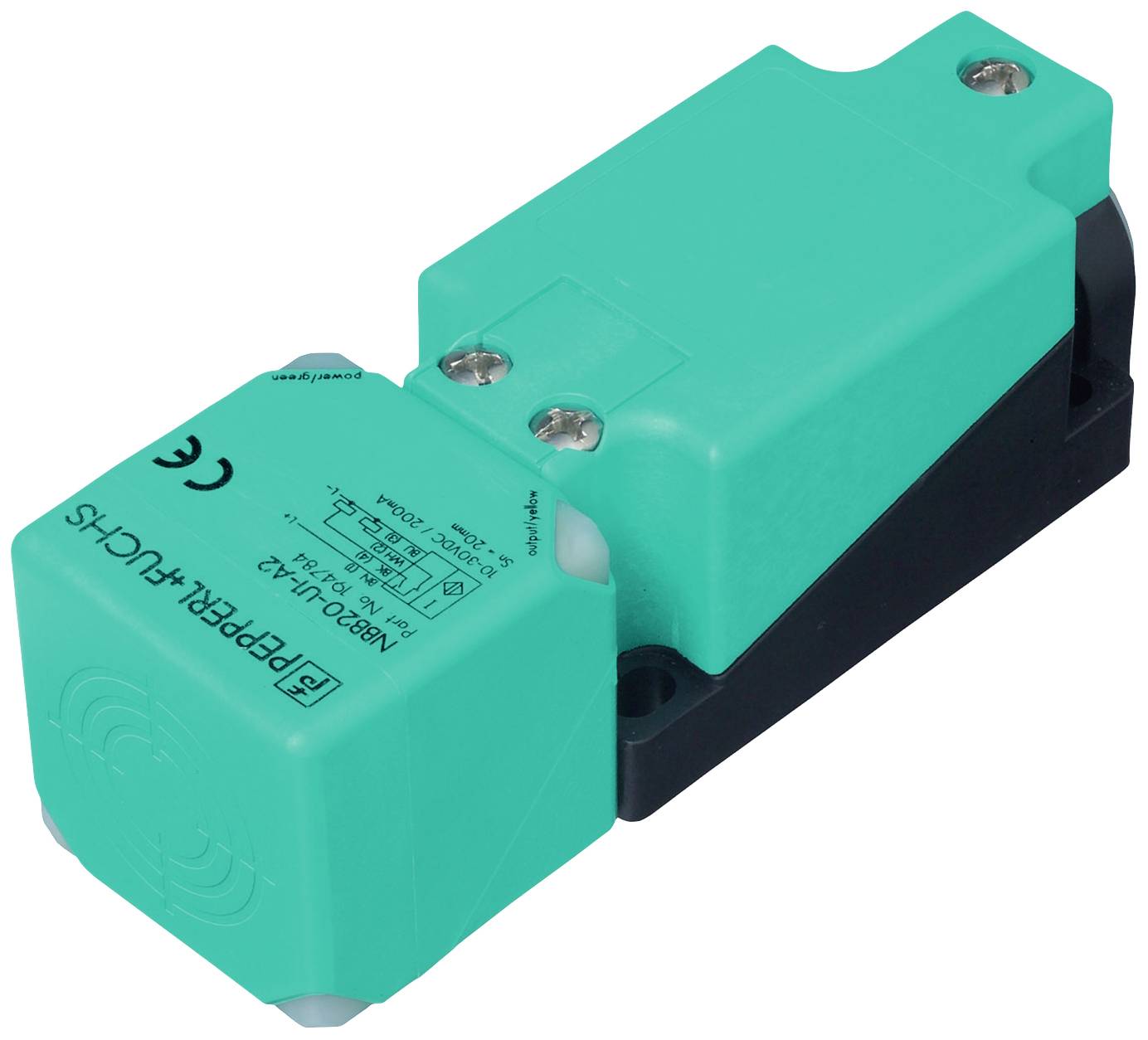 Ein rechteckiger, türkisfarbener Sensor mit schwarzen Elementen und Markierungen auf der Oberfläche.