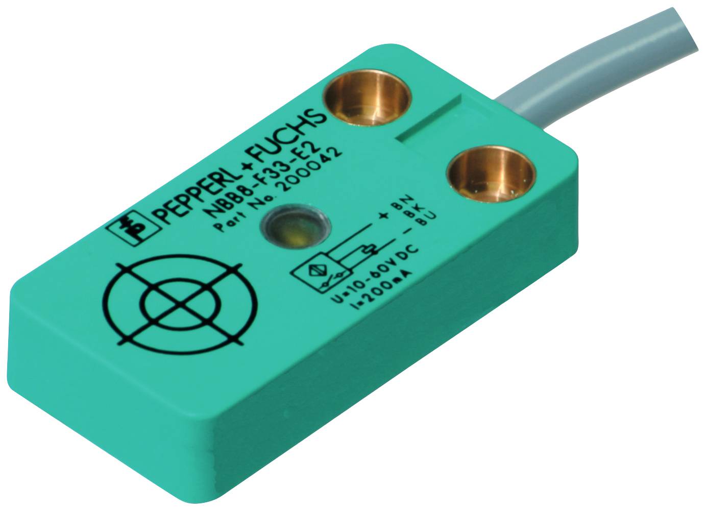 Ein rechteckiger, grüner Induktivsensor von Pepperl+Fuchs mit Anschlusssensorik und aufgedrucktem Logo sowie technischen Spezifikationen.