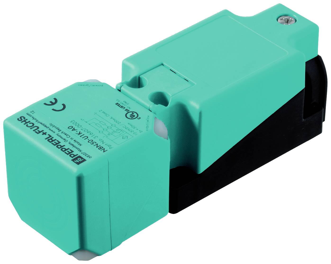 Ein grüner, rechteckiger Sensor mit der Aufschrift 'Pepperl+Fuchs', geeignet für die elektrische und elektronische Anwendung.