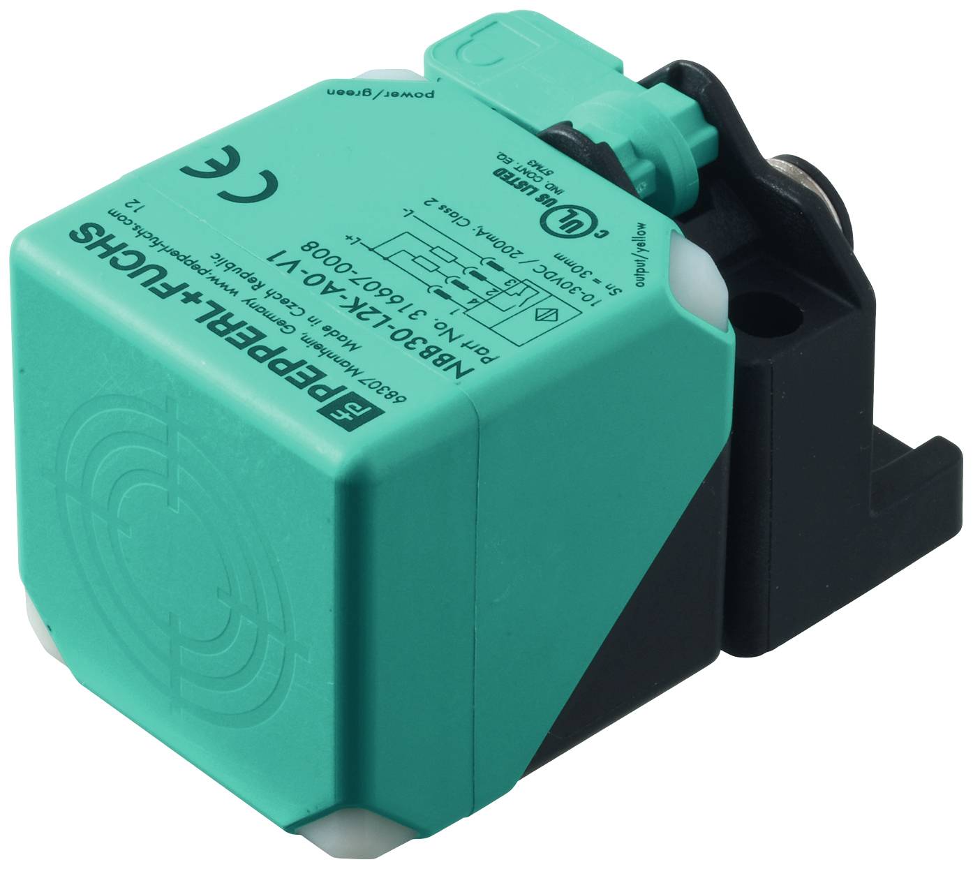 Ein quadratischer, grüner Sensor der Marke Pepperl+Fuchs mit schwarzem Montagefuß. Er hat eine grüne Anschlusskappe und Produktkennzeichnungen.