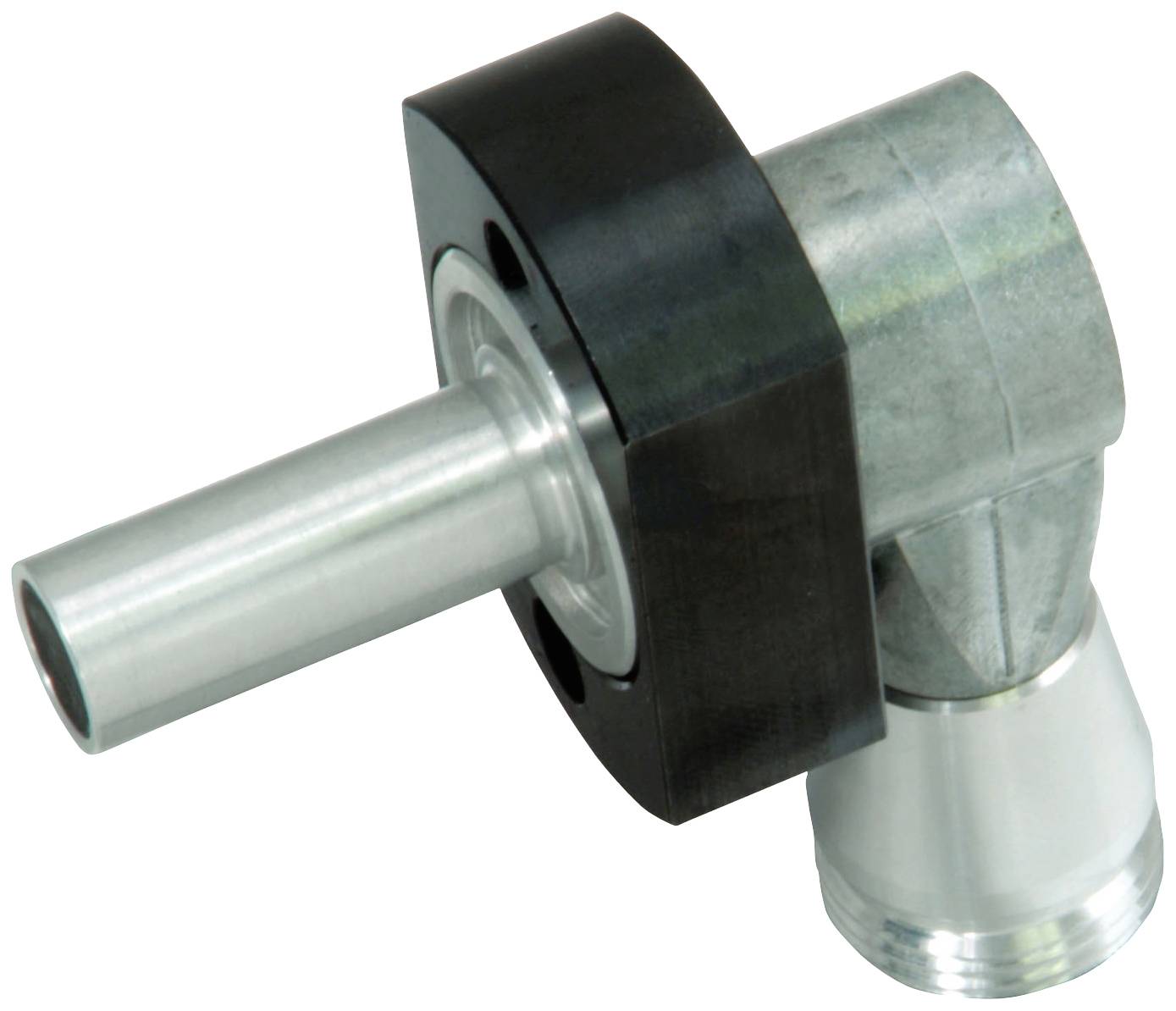 Ein Metallverbindungsstück mit zylindrischem Schaft und abgewinkeltem Rohransatz, geeignet für Rohrleitungssysteme.