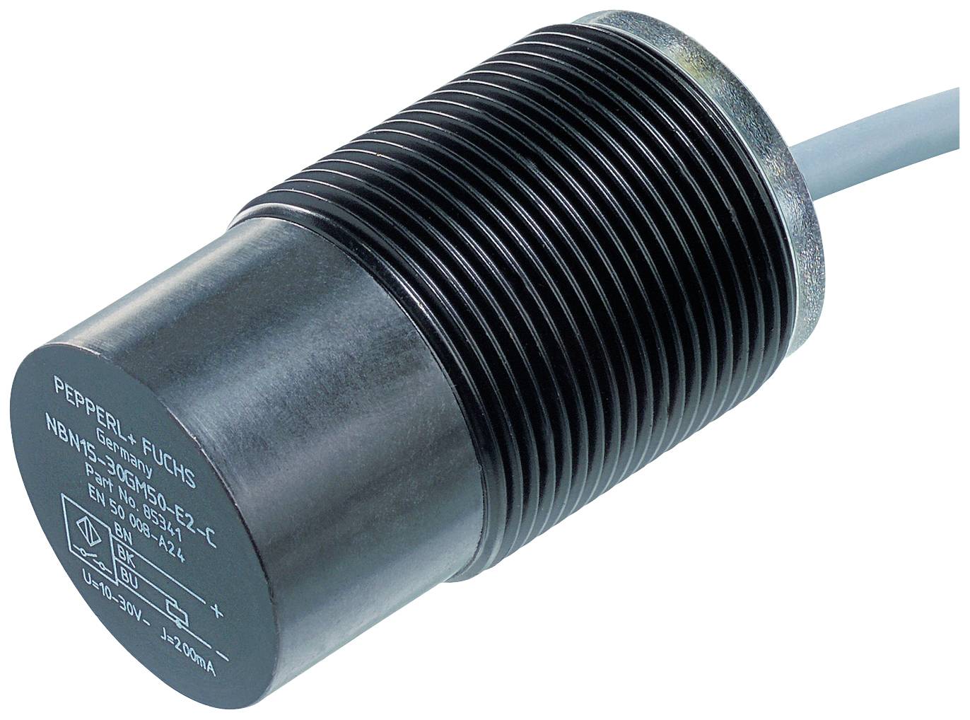 Zylindrischer Sensor von Pepperl+Fuchs mit Kabelanschluss, Modell-Nr. NBEN-30GM50-E2-C. Wird zur Erkennung von Objekten verwendet.