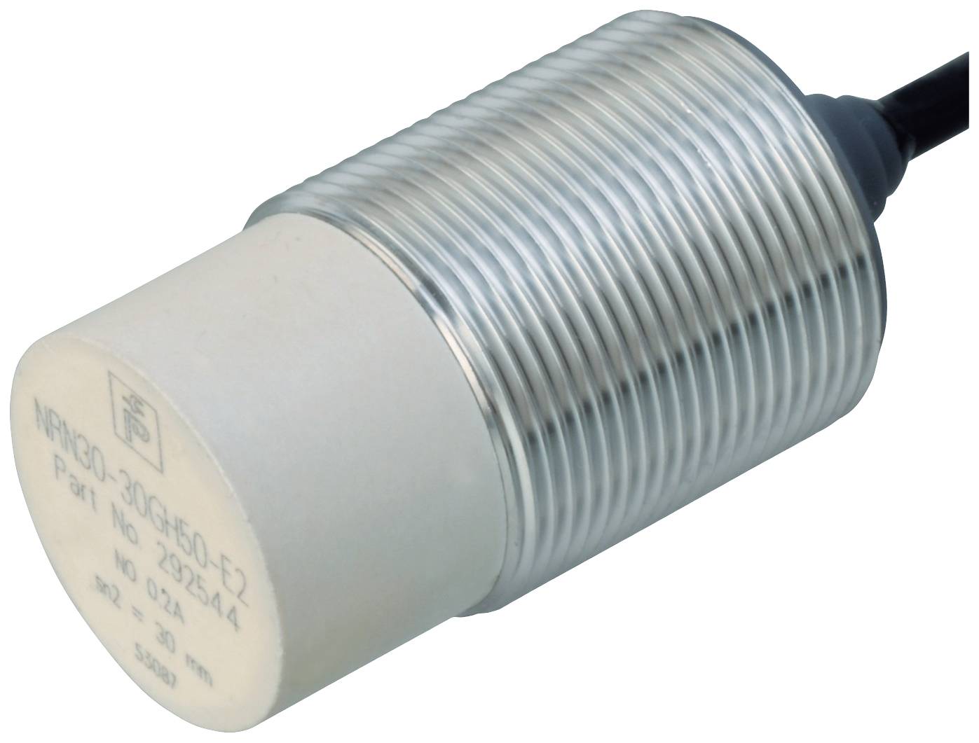 Zylindrischer kapazitiver Sensor aus Metall mit Kunststoffspitze, Modellnummer und technische Daten auf der Front angegeben.