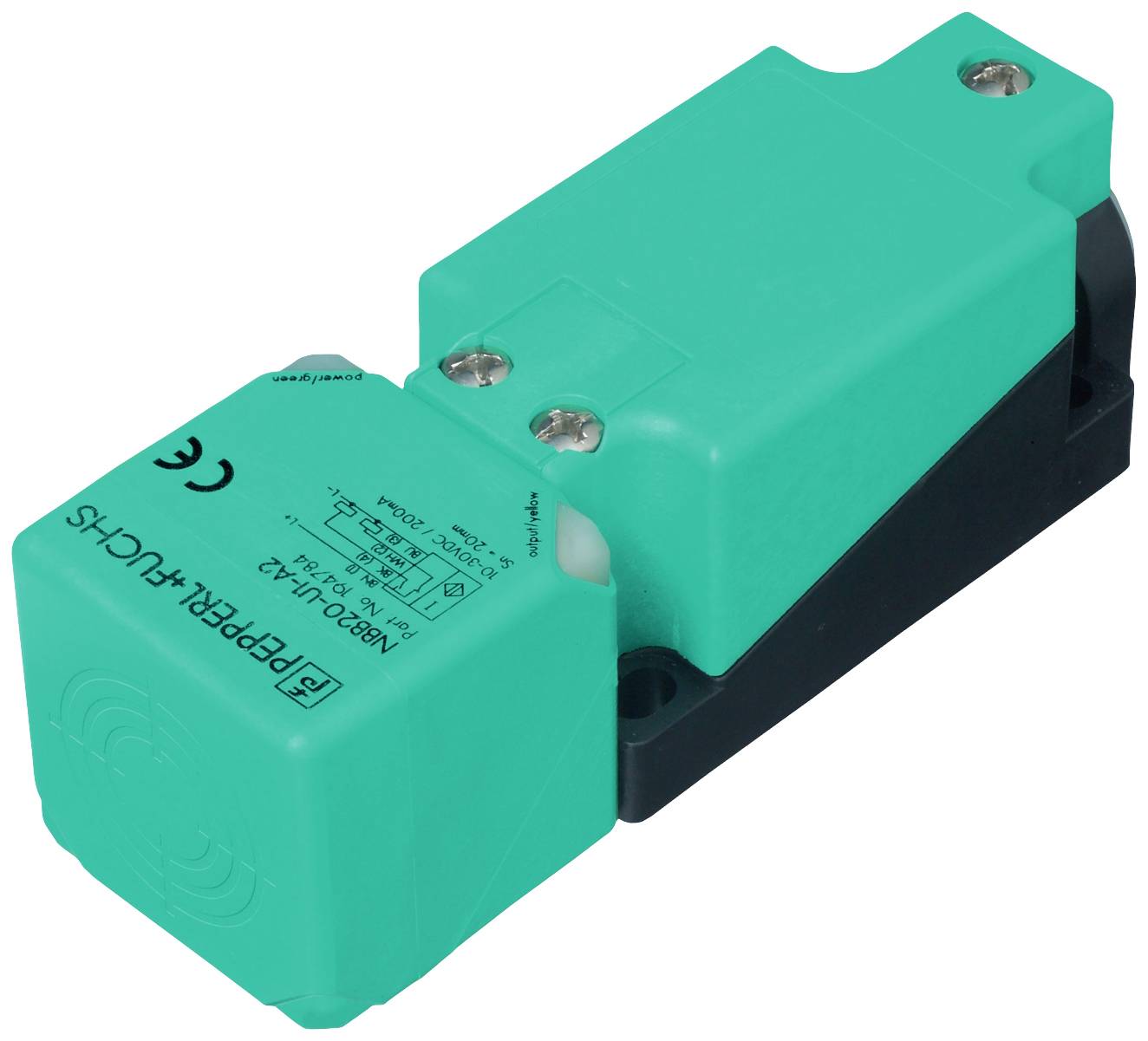 Ein rechteckiger, grüner Sensor von Pepperl+Fuchs mit CE-Zertifizierung. Er ist für industrielle Anwendungen geeignet.