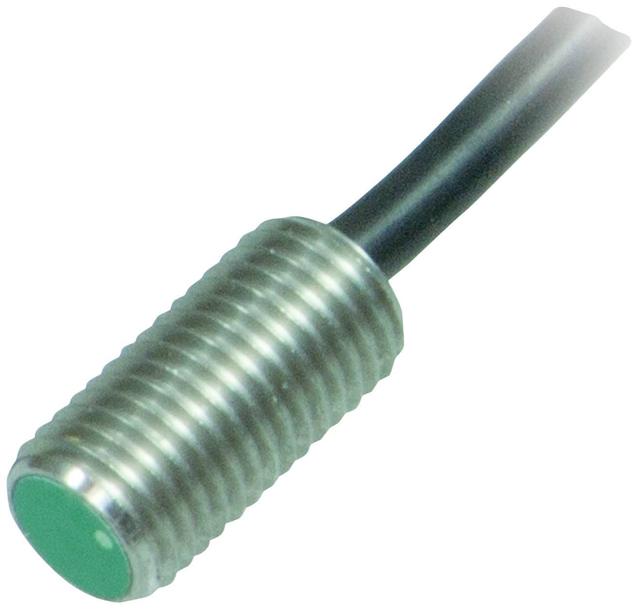 Zylindrischer Sensor mit einer Metallhülle und grünem Kopf, verbunden mit einem schwarzen Kabel. Geeignet für industrielle Anwendungen.