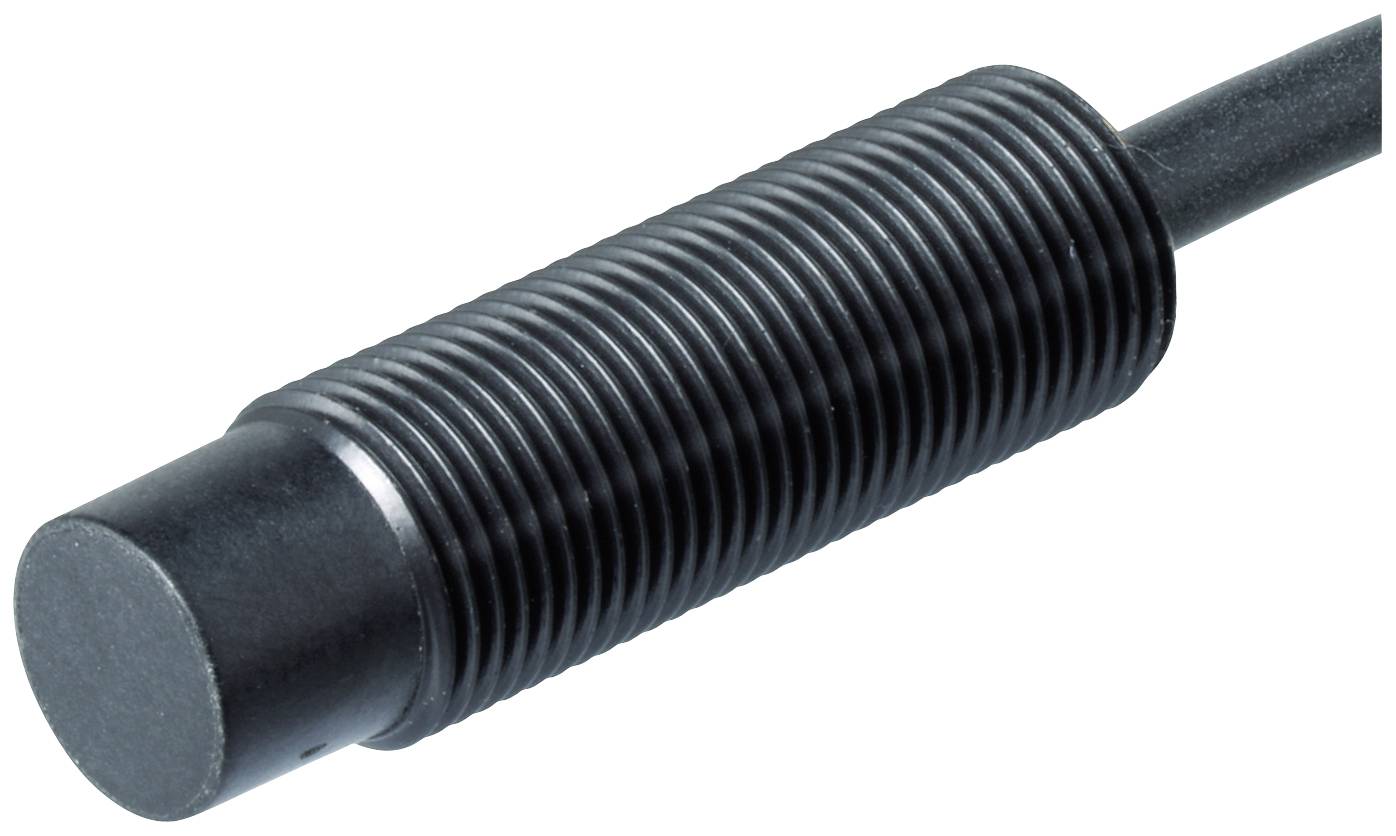 Ein zylindrischer, schwarzer Näherungssensor mit geripptem Gehäuse und Kabel.