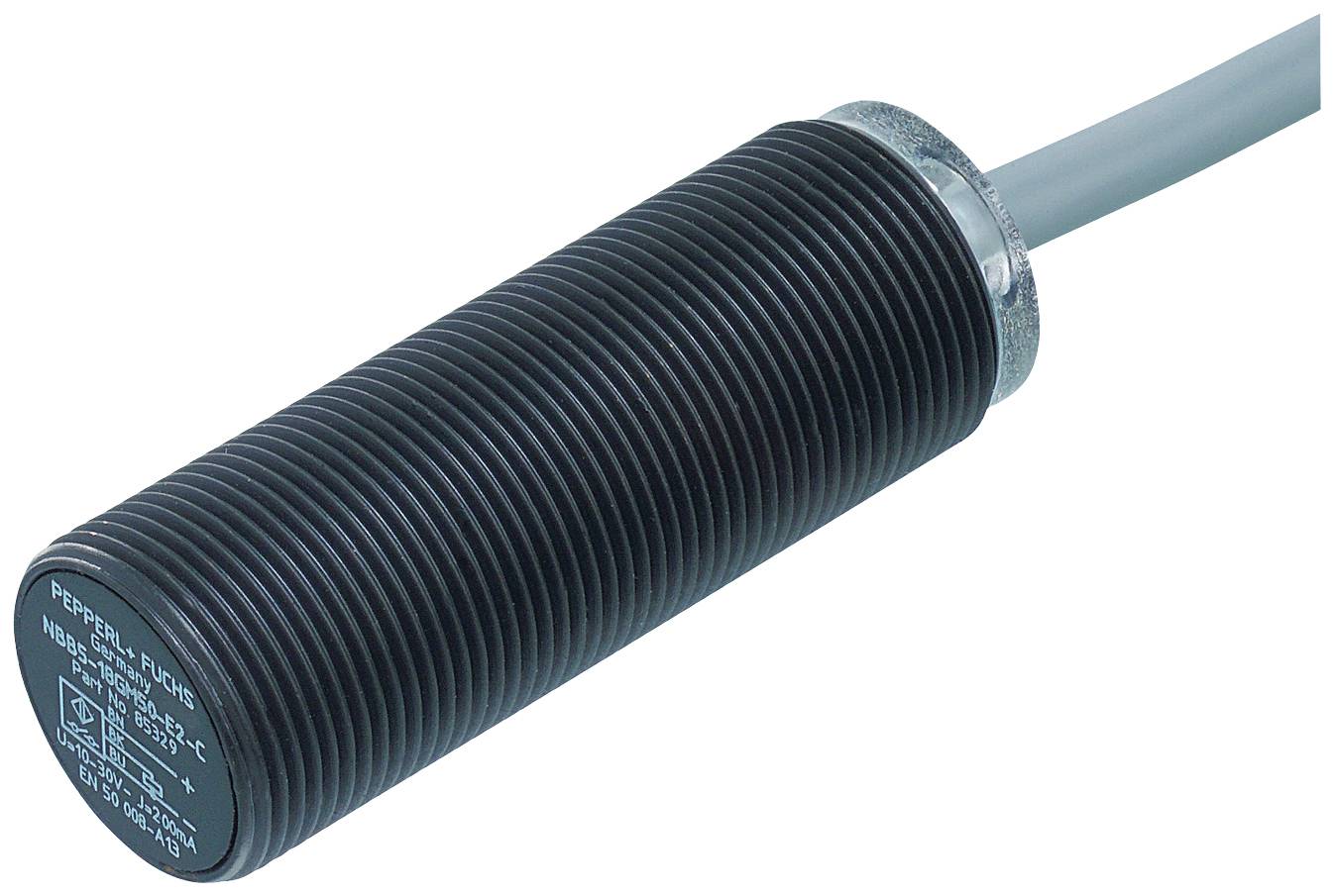 Ein zylindrischer, schwarzer Induktivsensor mit geripptem Gehäuse und Kabelanschluss. Verwendet zur Näherungsdetektion.