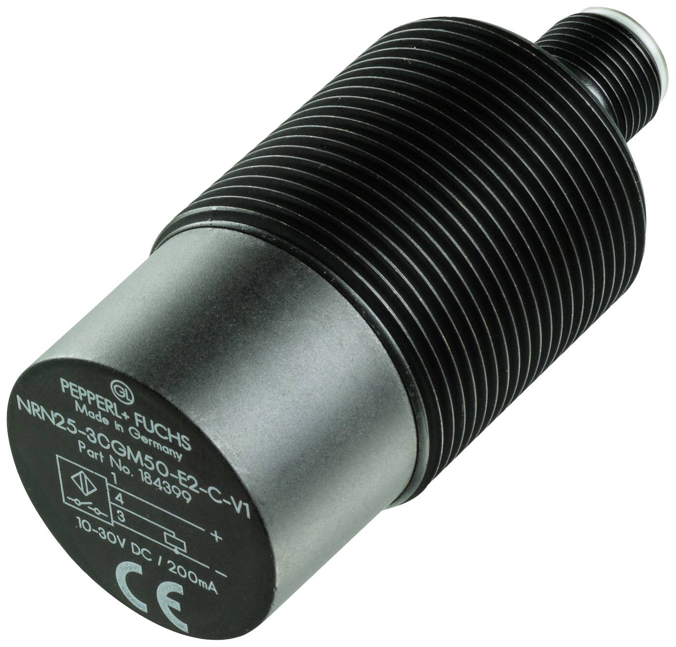 Zylinderförmiger Sensor von Pepperl+Fuchs, Modell NBN25-30GM50-E2-C-V1, mit CE-Kennzeichnung, schwarz, Schraubgewinde oben.