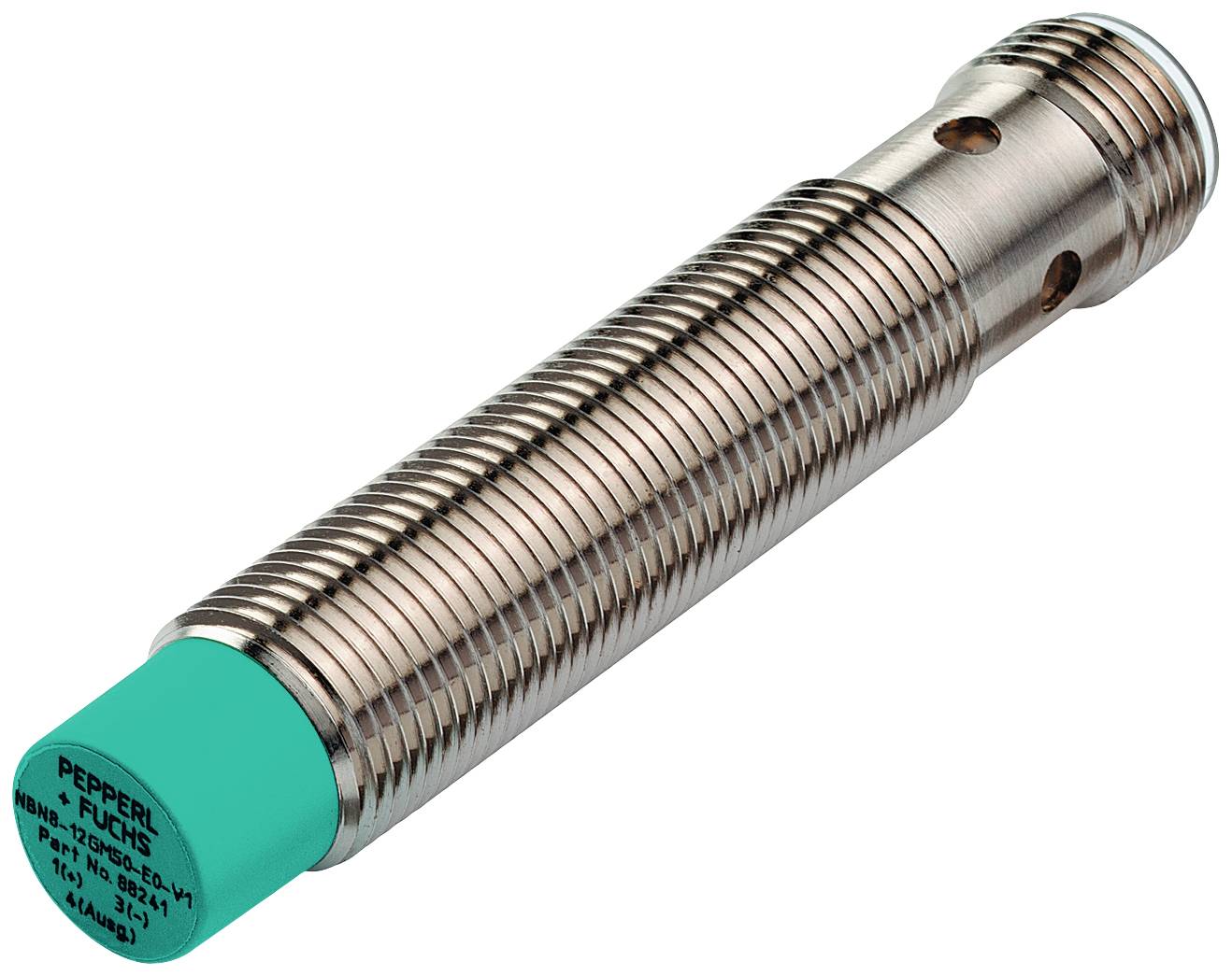 Ein zylindrischer, metallischer Sensor mit grüner Kappe. Auf der Kappe stehen technische Spezifikationen von 'Pepperl+Fuchs'.