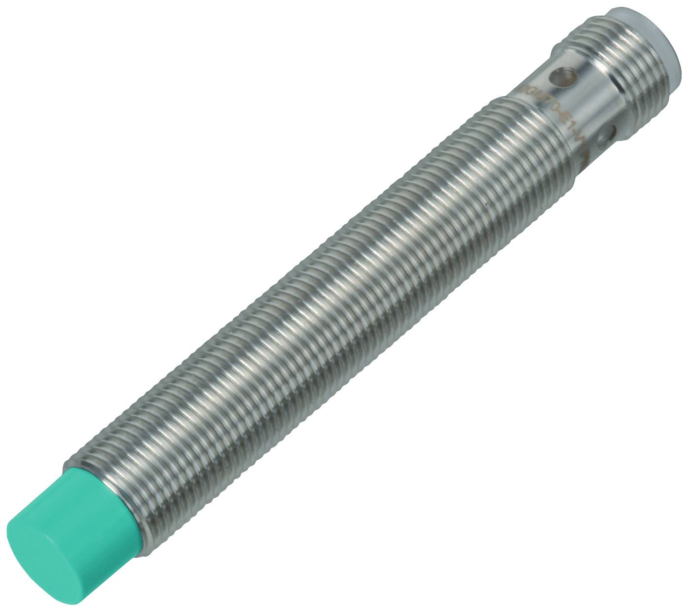 Zylindrischer Sensor mit grünem Kopf und Metallgewinde. Geeignet für industrielle Anwendungen, präzise Erfassung und Positionierung.