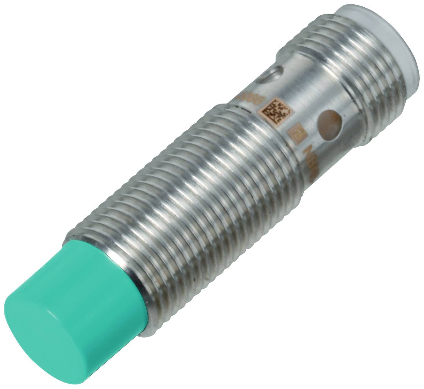 Zylindrischer Induktivsensor aus Metall mit grünem Kopf. Oft zur Objekterkennung in industriellen Anwendungen eingesetzt.