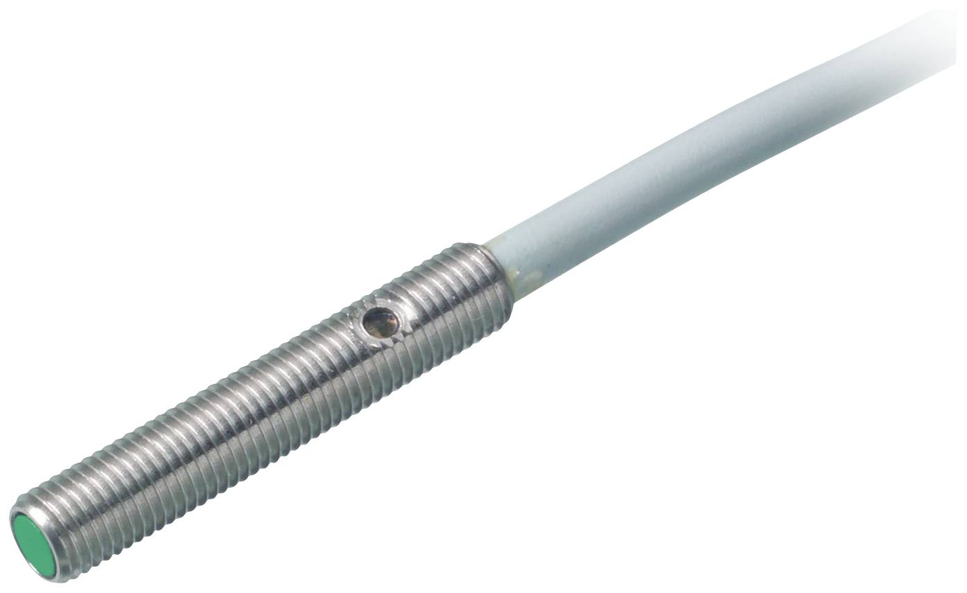 Ein zylindrischer, metallischer Sensor mit Gewinde und einem grünen Kopf, verbunden mit einem Kabel. Geeignet für industrielle Anwendungen.