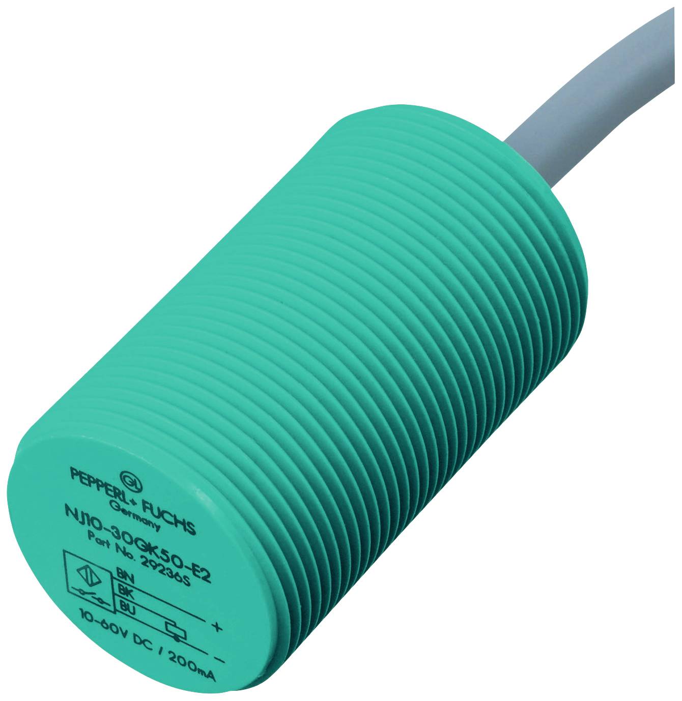 Zylindrischer, grüner Sensor von Pepperl+Fuchs mit Kabel. Aufschrift zeigt Modellnummer und elektrische Spezifikationen.