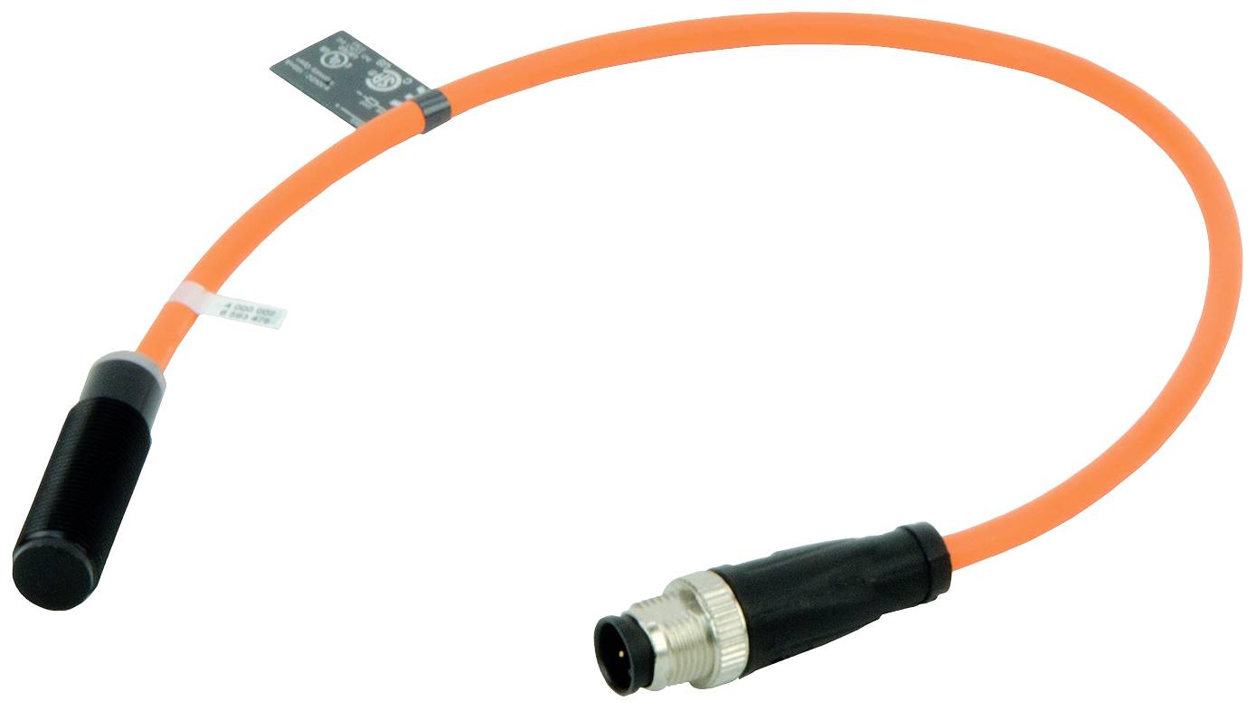 Ein orangefarbenes Kabel mit einem schwarzen, zylindrischen Sensor an einem Ende und einem Metallanschluss am anderen Ende, verwendet in industriellen Anwendungen.