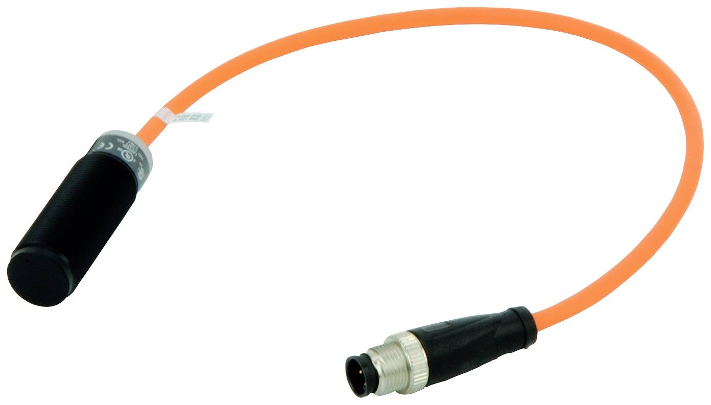 Ein oranges Sensorkabel mit schwarzem zylindrischem Sensor und Metallstecker.