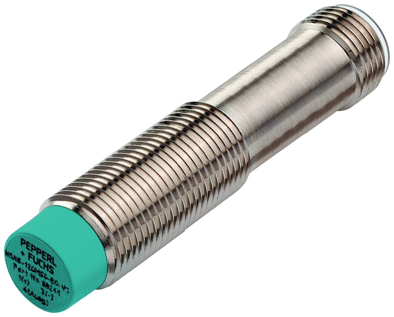 Ein zylindrischer Näherungssensor mit Metallgehäuse und grünem Ende ist abgebildet.