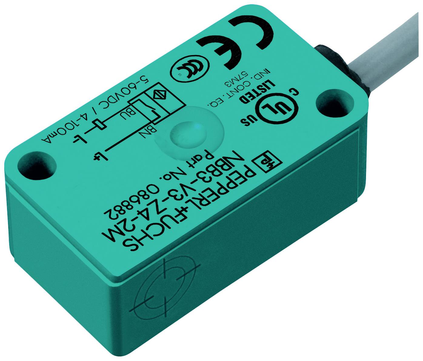 Ein rechteckiger grüner Näherungssensor mit Aufschriften, darunter diverse technische Symbole und Daten, ist abgebildet.