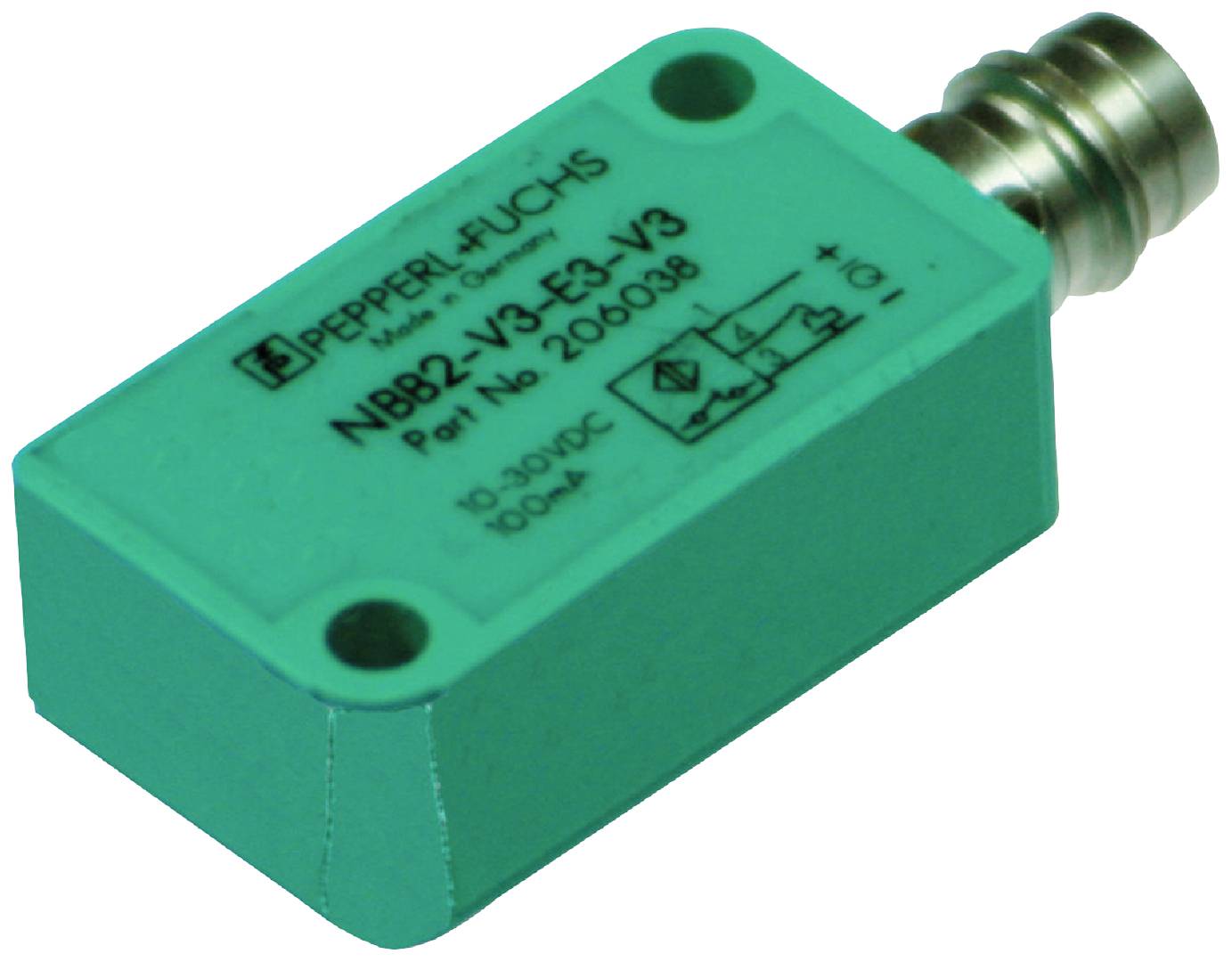 Ein rechteckiger grüner Sensor von Pepperl+Fuchs. Beschriftung: 'NB82-V3-E3-V3', für den industriellen Einsatz geeignet.