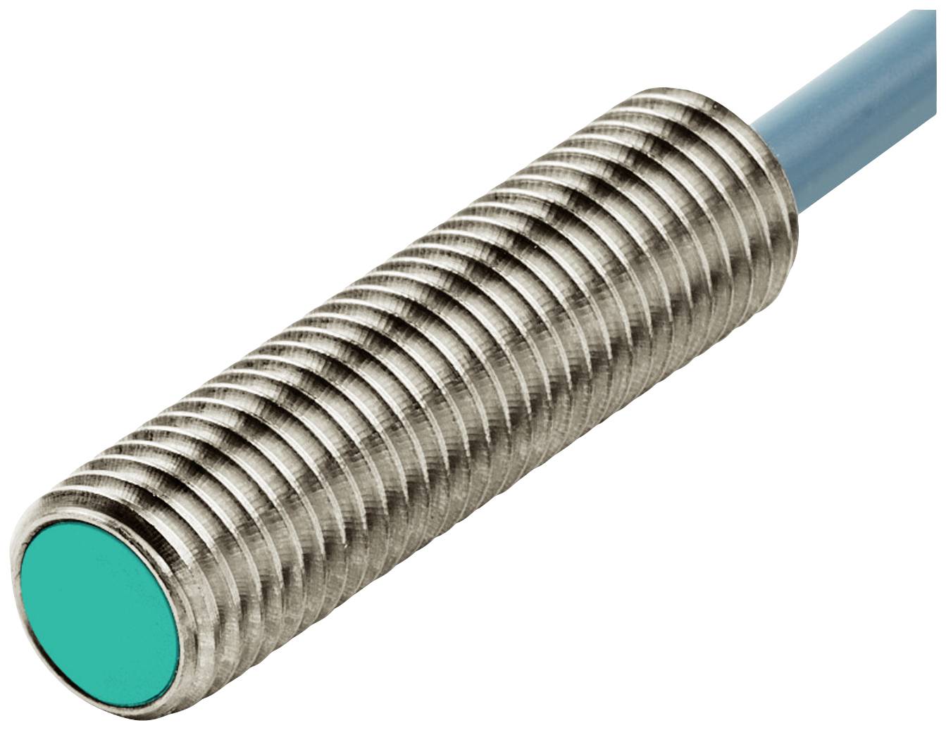 Ein zylindrischer, induktiver Näherungsschalter aus Metall mit einem grünen Ende. Eng aneinander liegende Rillen entlang der Oberfläche.