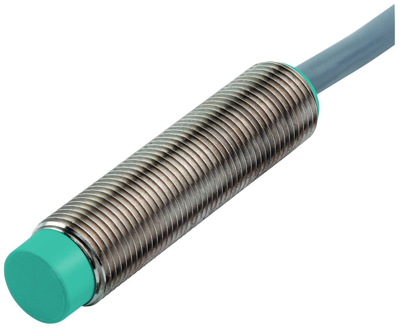 Ein zylindrischer Sensor mit Gewinde und grünem Ende. Ein Kabel ist am hinteren Ende des Sensors angeschlossen.