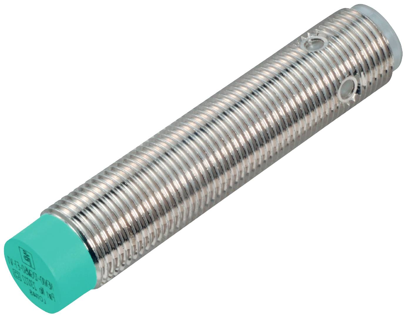Ein zylindrischer Nähesensor mit einem gerippten Metallgehäuse und einer grünen Kunststoffkappe.